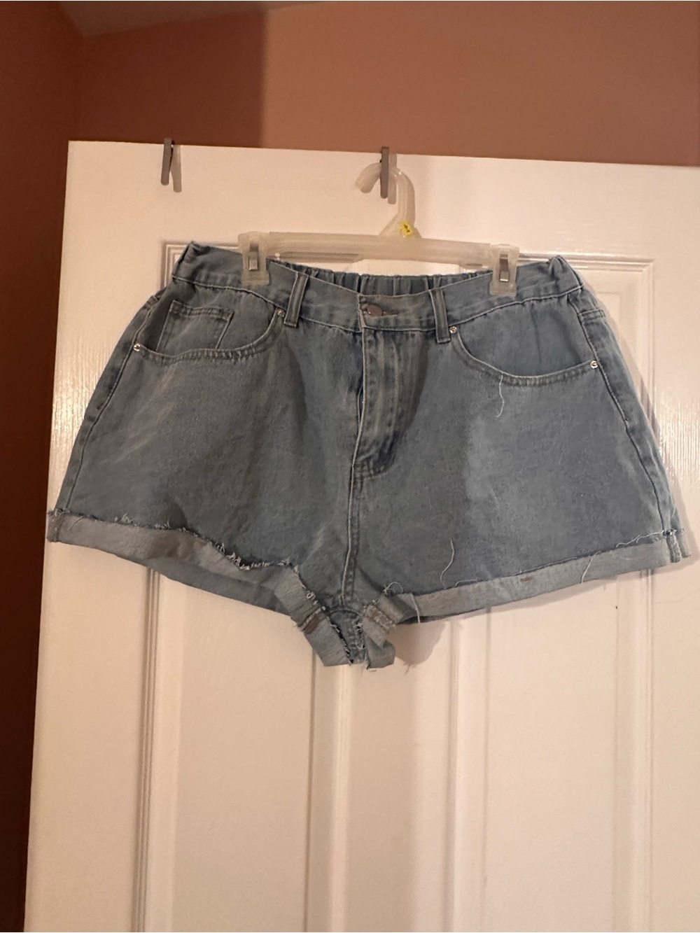 High-Rise Light Blue Denim Jean Shorts with Rolled Hem